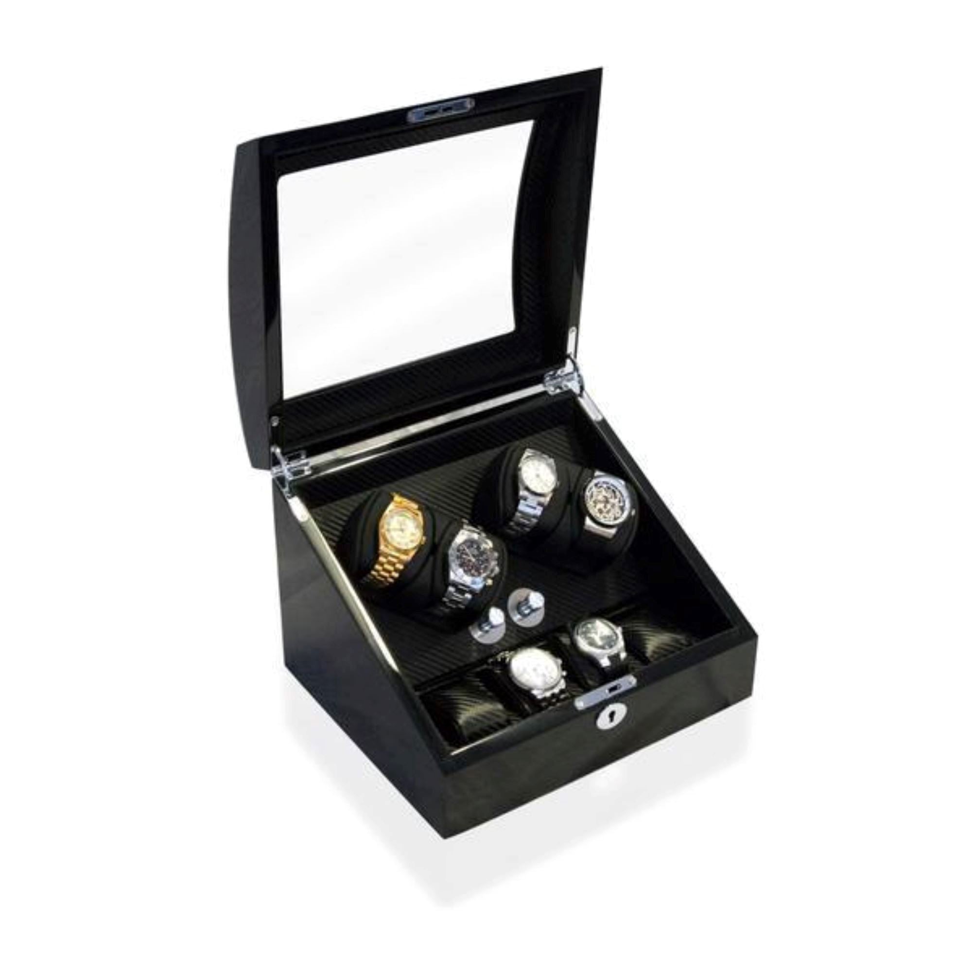 Seconds - Avoca Watch Winder Box 4 + 4 Watches in Black - Carbon Fibre Interior (b) Seconds Clinks 