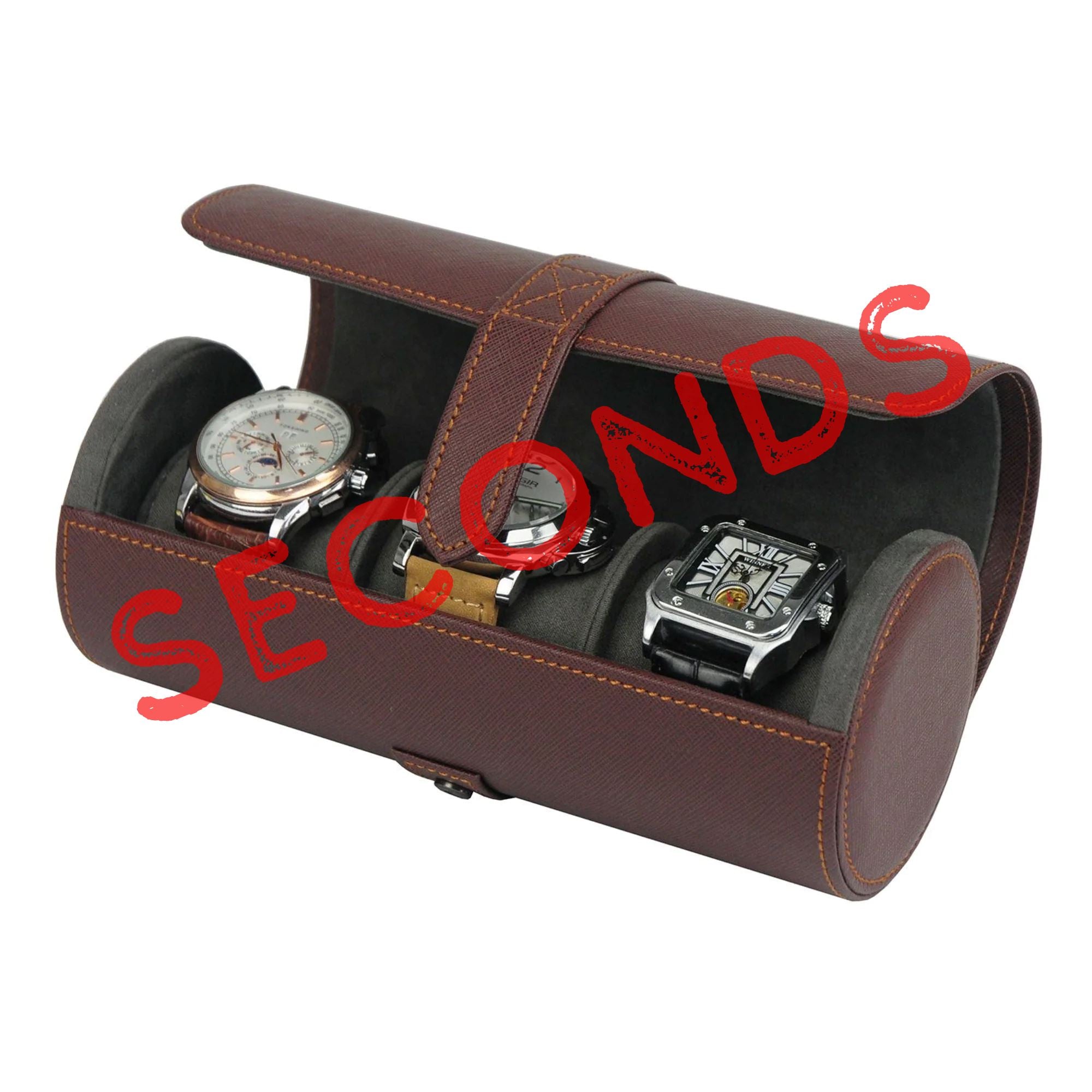 Seconds - Watch Roll Case for 3 in Dark Brown Vegan Leather (b) Seconds Clinks 