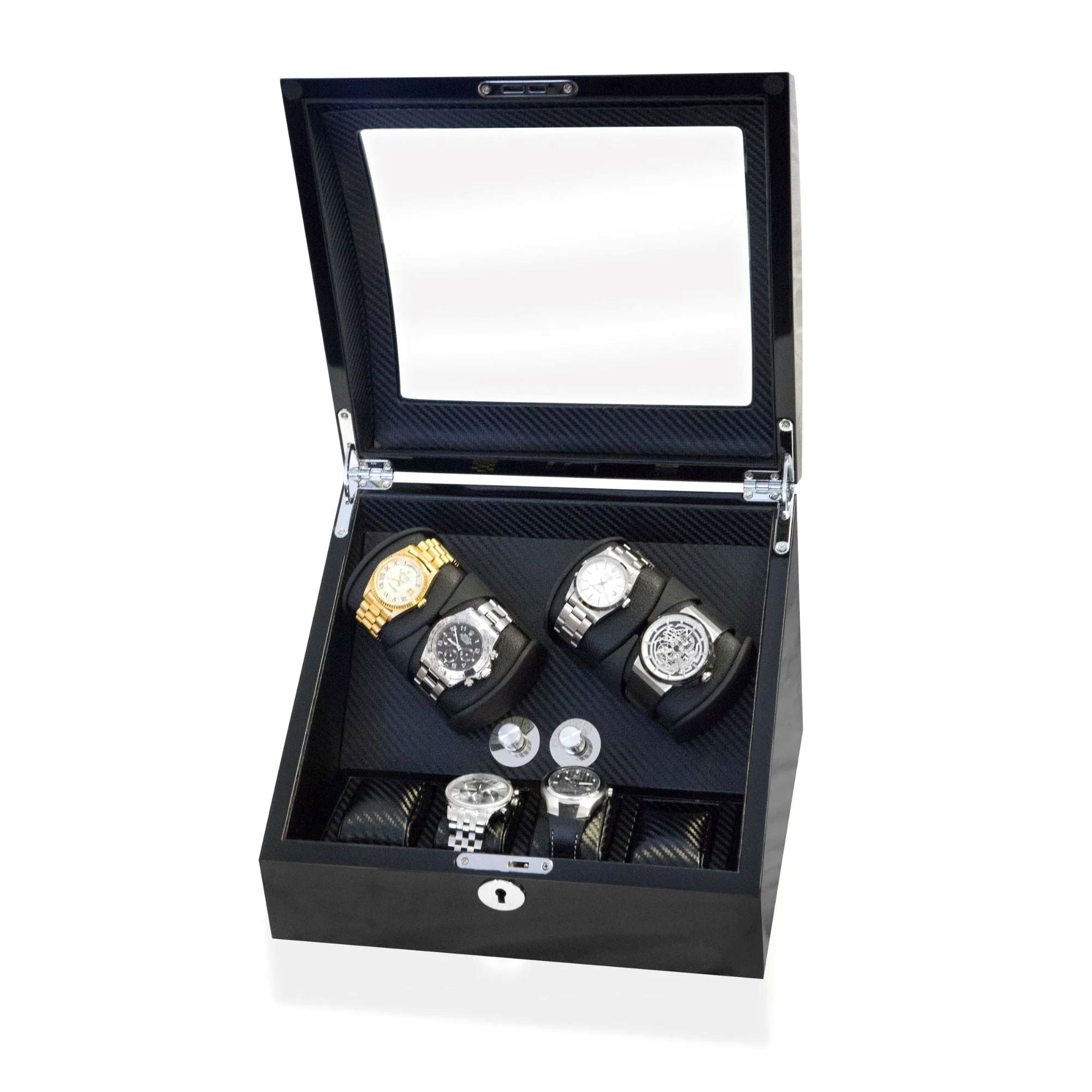 Seconds - Avoca Watch Winder Box 4 + 4 Watches in Black - Carbon Fibre Interior (c) Seconds Clinks 