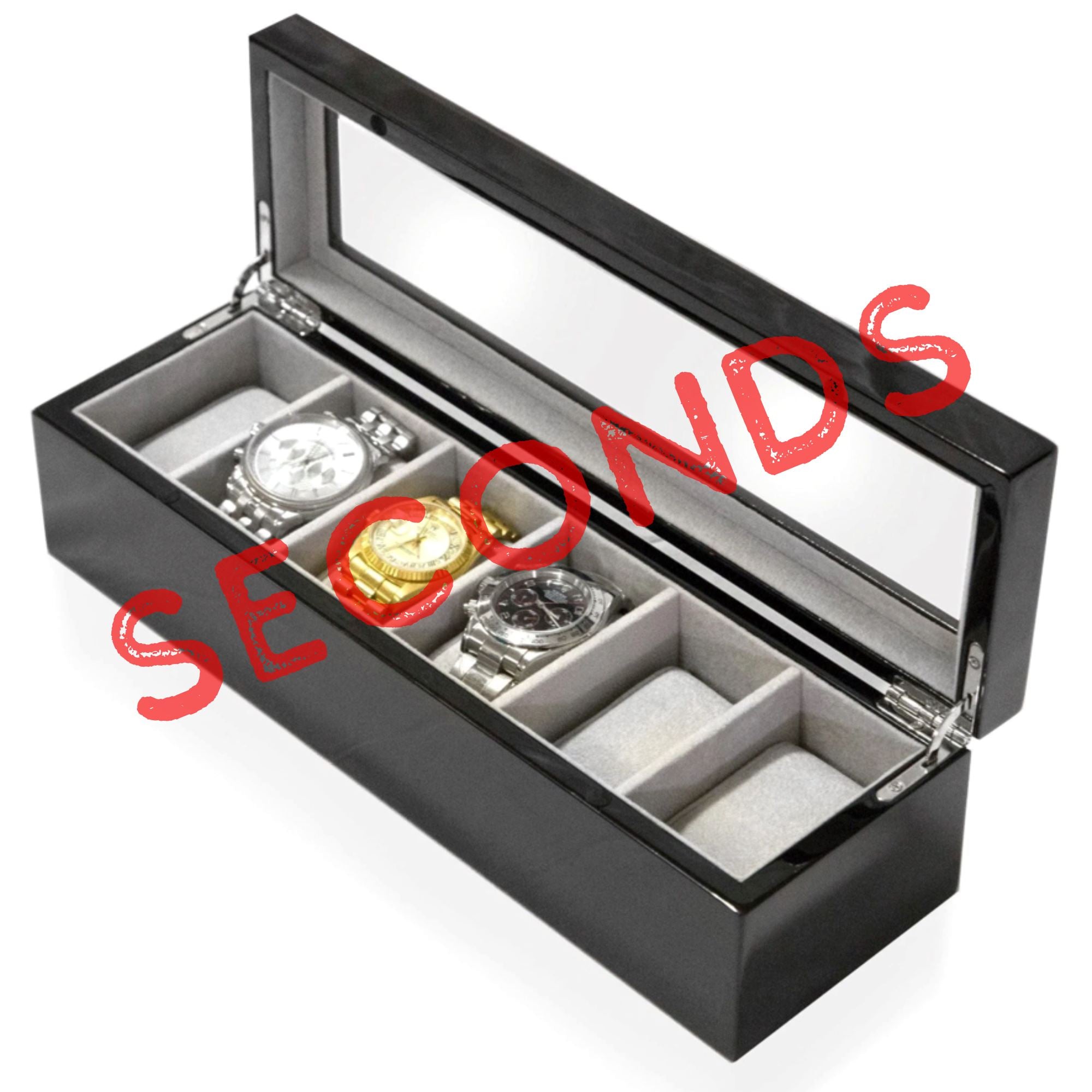 Seconds - Long Watch Box with Glass Top 6 Compartments Black Seconds Clinks 