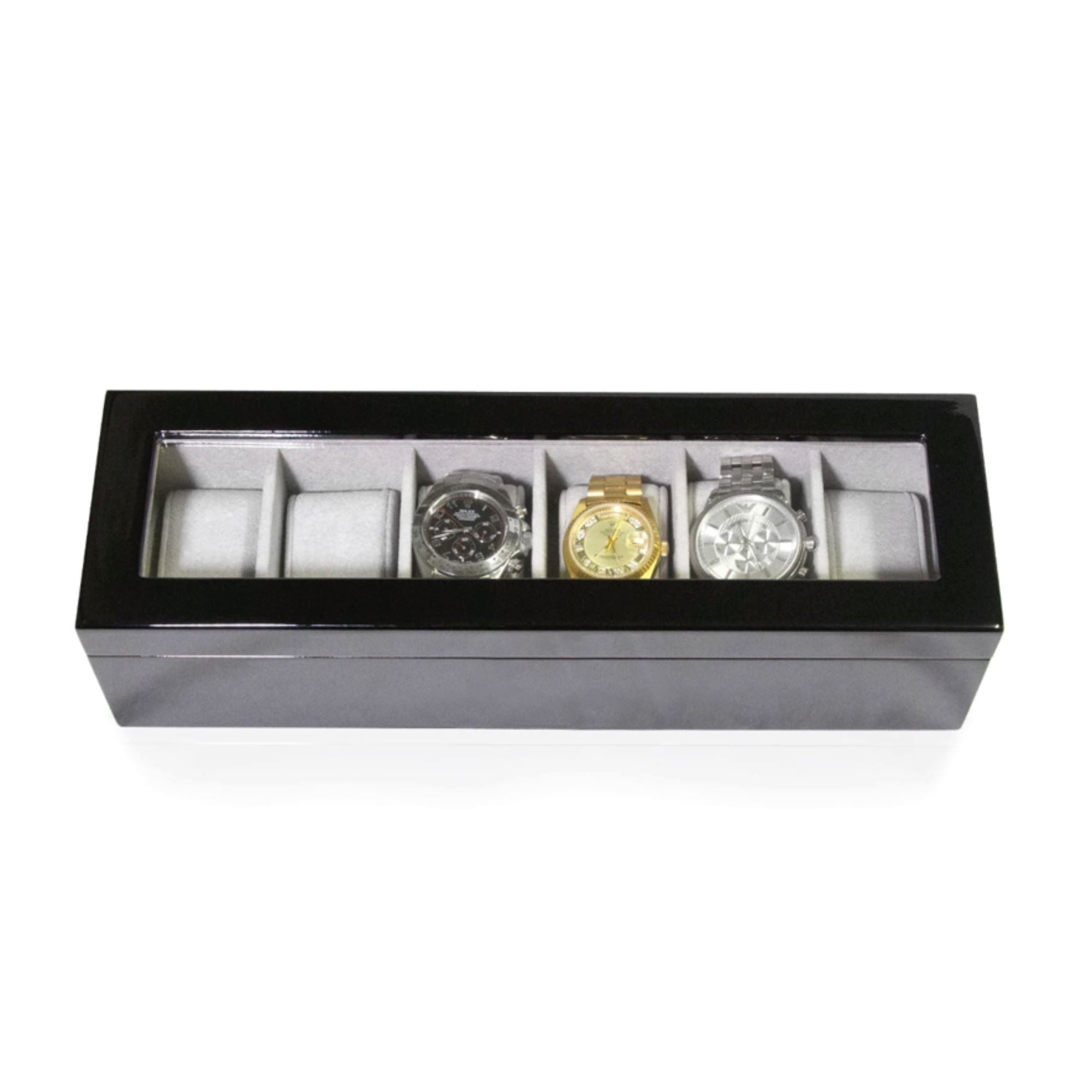 Seconds - Long Watch Box with Glass Top 6 Compartments Black Seconds Clinks 