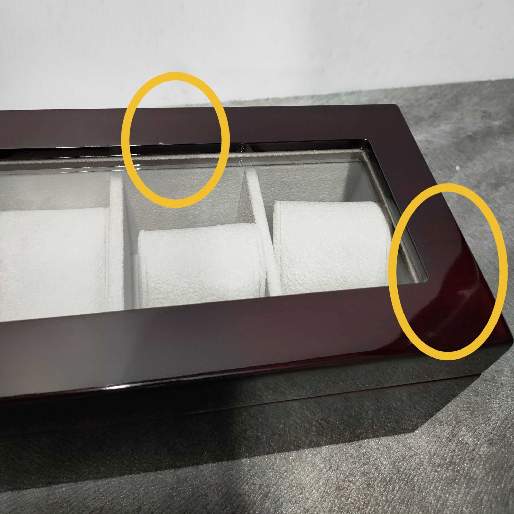 Seconds - Long Watch Box with Glass Top 6 Compartments Mahogany (b) Seconds Clinks 