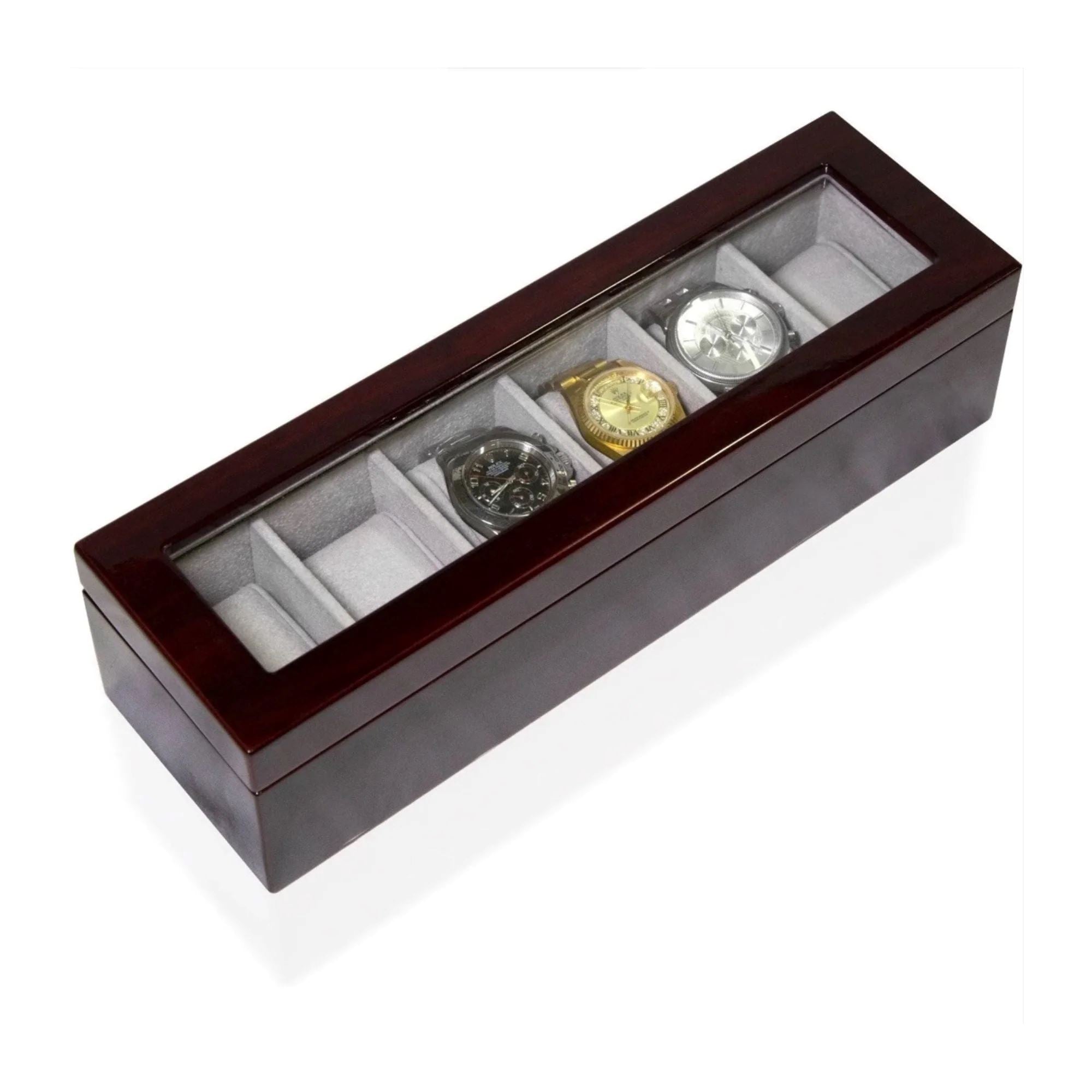 Seconds - Long Watch Box with Glass Top 6 Compartments Mahogany (b) Seconds Clinks 