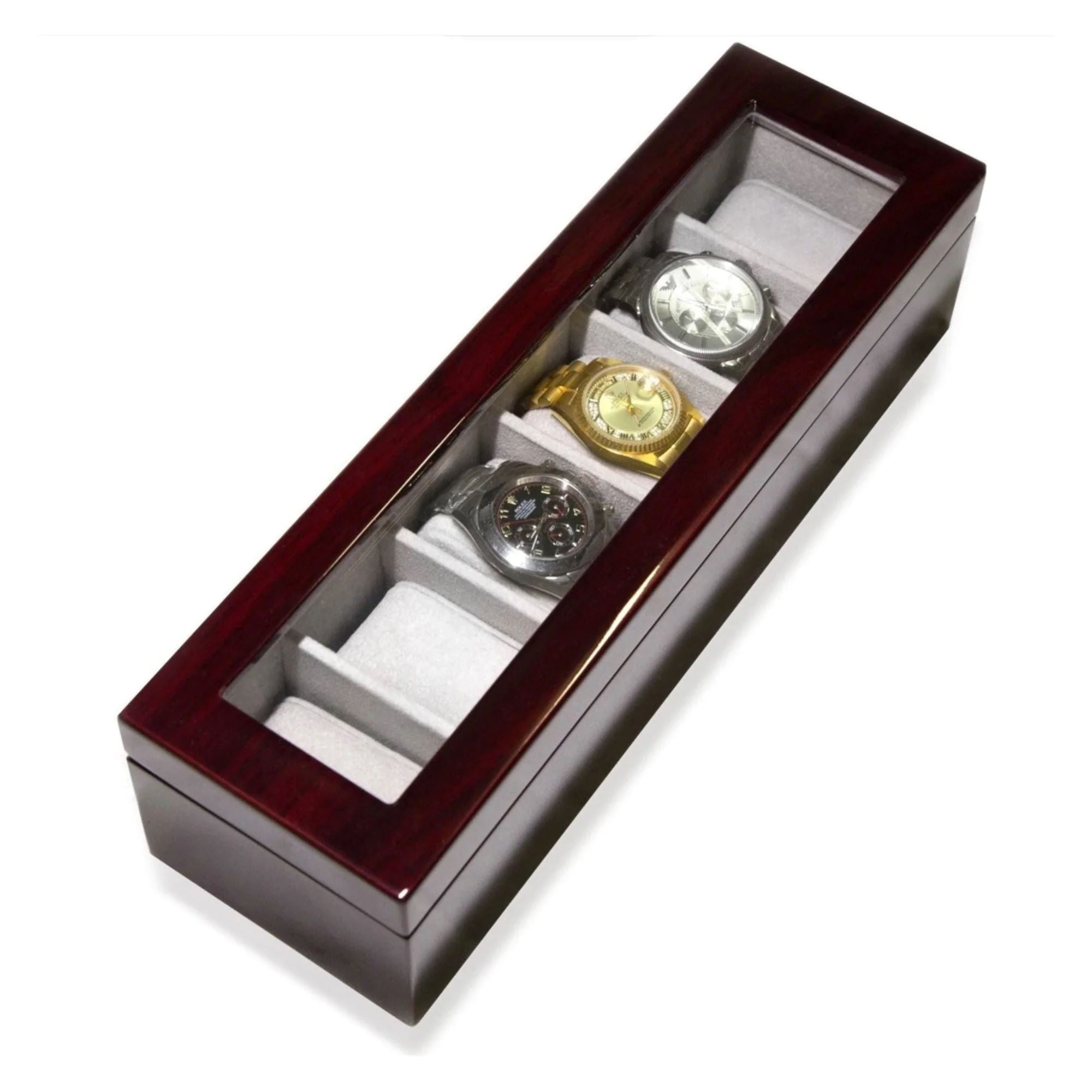 Seconds - Long Watch Box with Glass Top 6 Compartments Mahogany (b) Seconds Clinks 