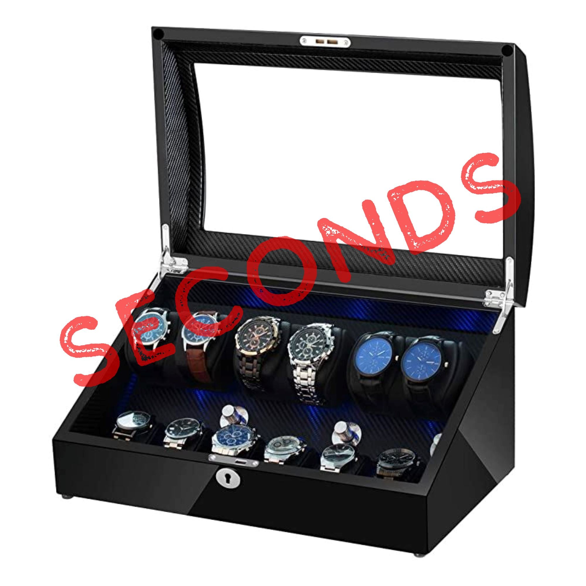 Seconds - Avoca Watch Winder Box 6 + 6 Watches in Black with Carbon Fibre Interior (f) Seconds Clinks 