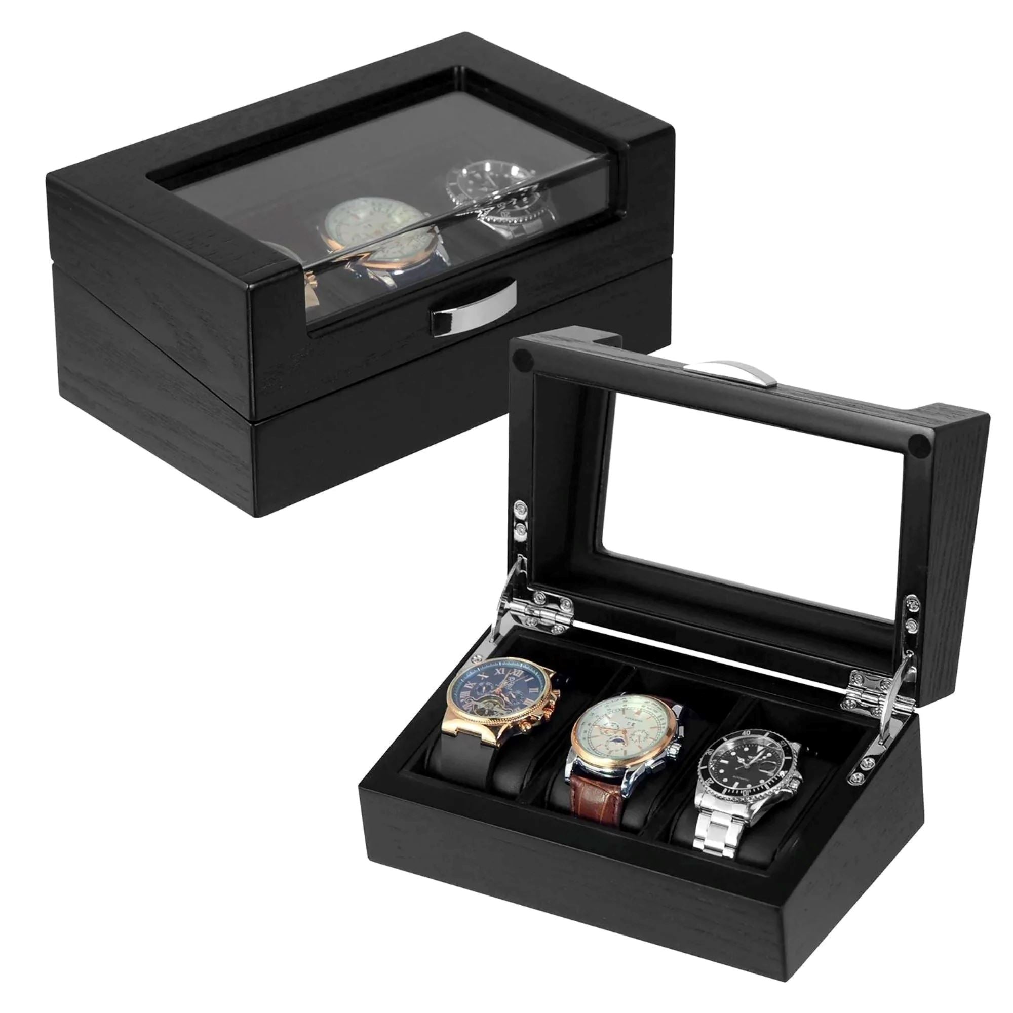Seconds - 3 Slots Black Wooden Watch Box Seconds Clinks 