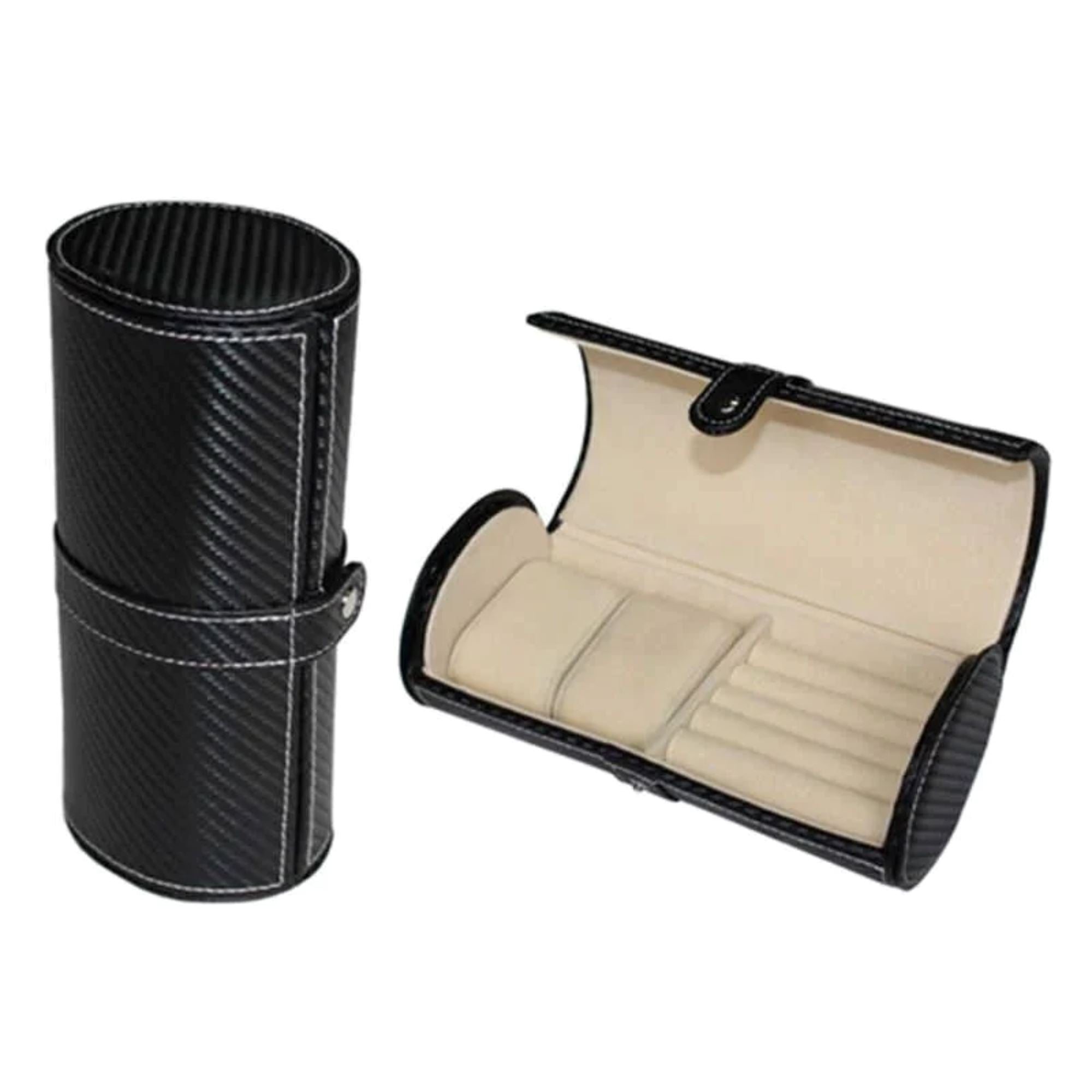 Seconds - Cufflinks and Watch Roll Case in Black Carbon Fibre Vegan Leather Seconds Clinks 