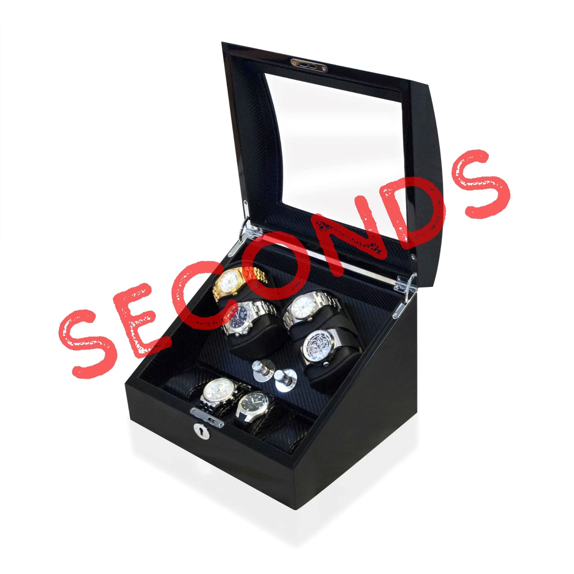 Seconds - Avoca Watch Winder Box 4 + 4 Watches in Black - Carbon Fibre Interior (e) Seconds Clinks 