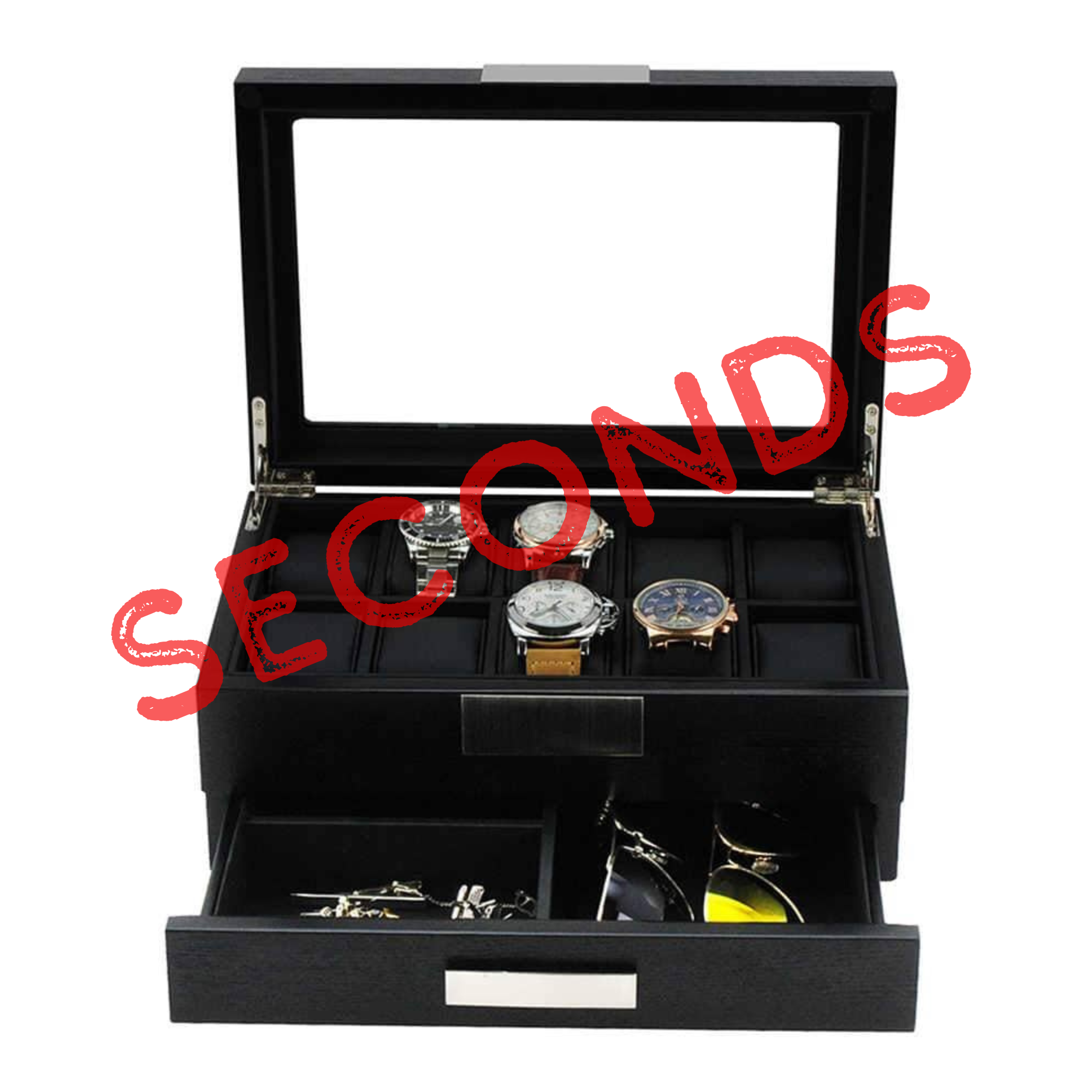 Seconds - Black Wooden Watch Box for 10 Watches with a Drawer (G)