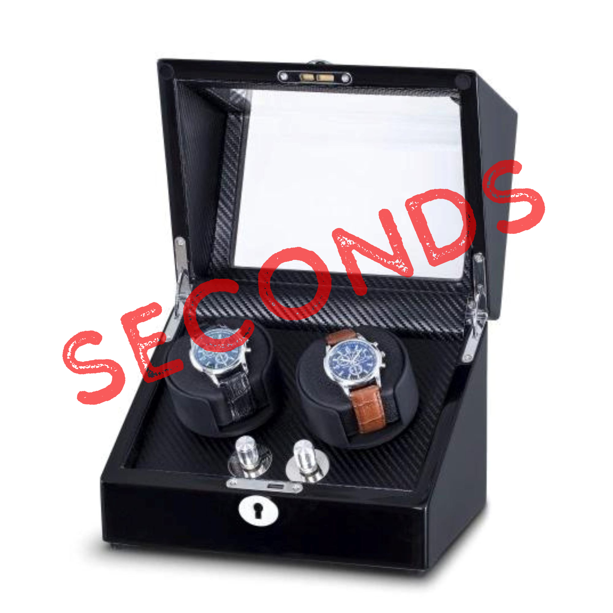 Seconds - Waratah Black Carbon Fibre Watch Winder Box for 2 Watches (h)