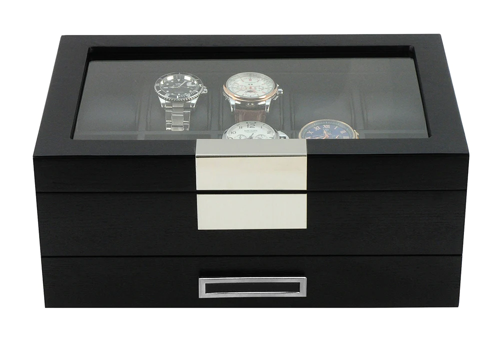 Seconds - Black Wooden Watch Box for 10 Watches with a Drawer (G)