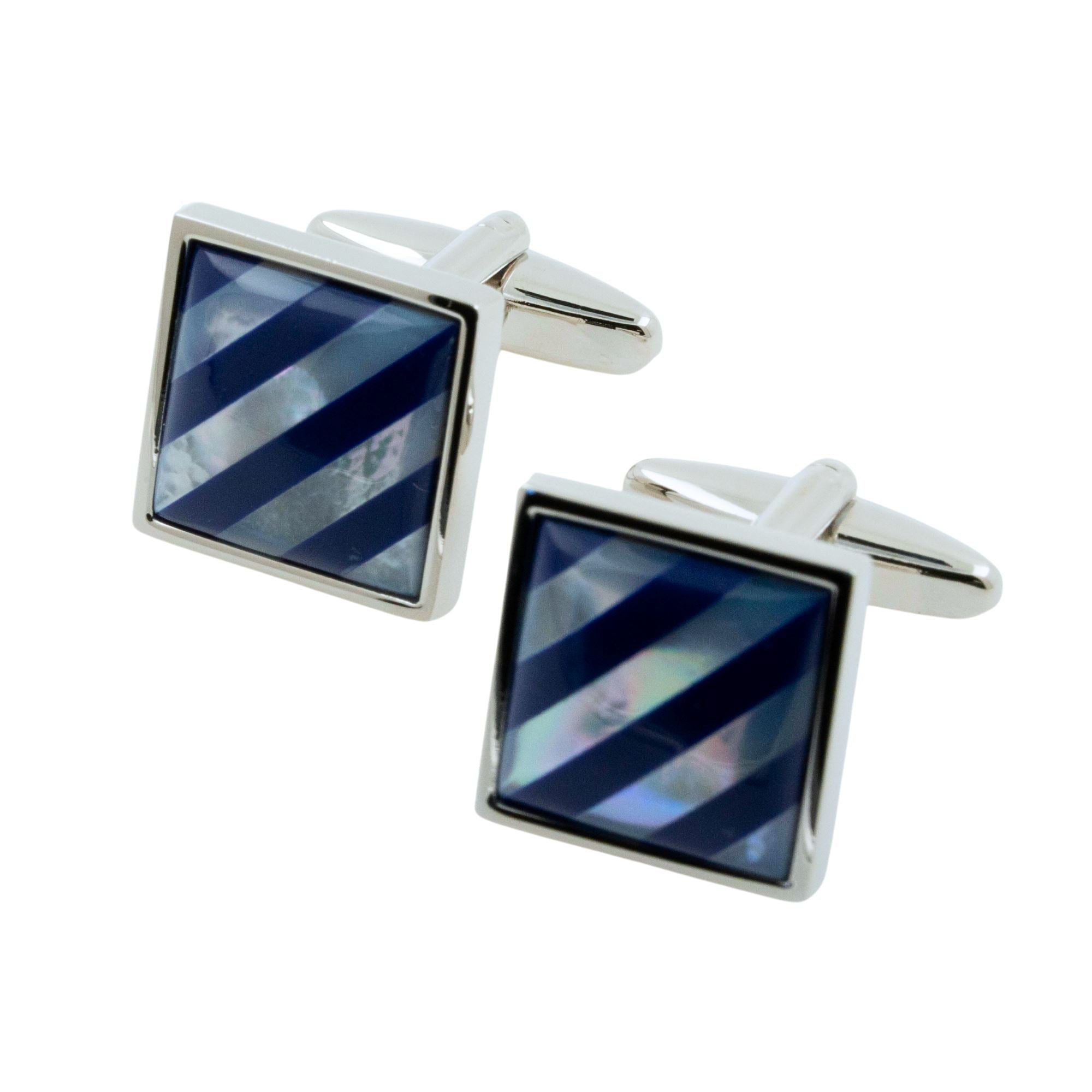 Navy Blue Diagonal Stripes on Mother of Pearl Cufflinks Classic & Modern Cufflinks Clinks Australia 