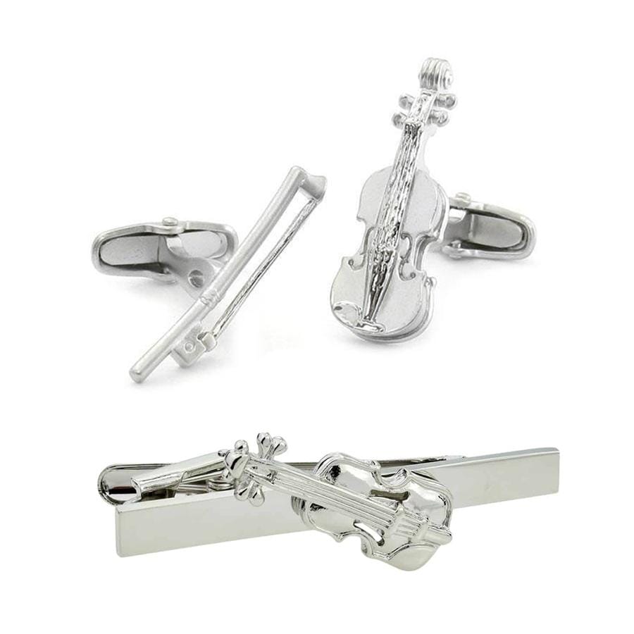 Violin Silver Cufflinks & Tie Clip Set Gift Set Clinks Australia Default 
