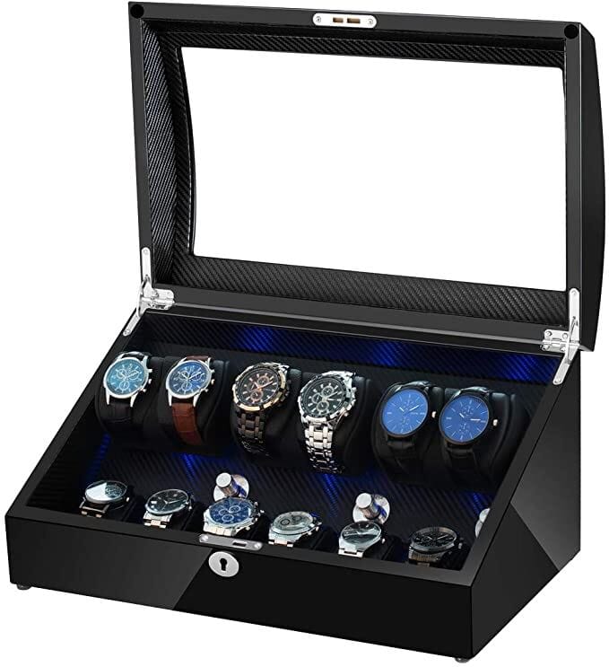 Avoca Watch Winder Box 6 + 6 Watches in Black with Carbon Fibre Interior Watch Winder Boxes Clinks 