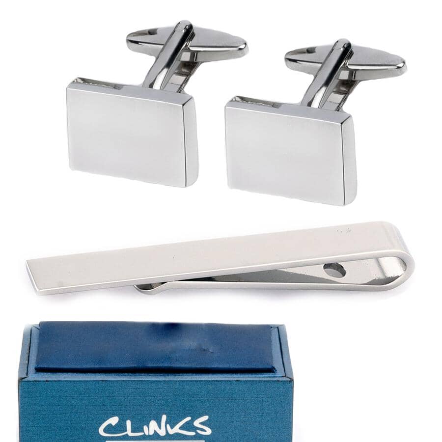 Silver Rectangle Cufflinks & Tie Bar Set Gift Set Cuffed.com.au 
