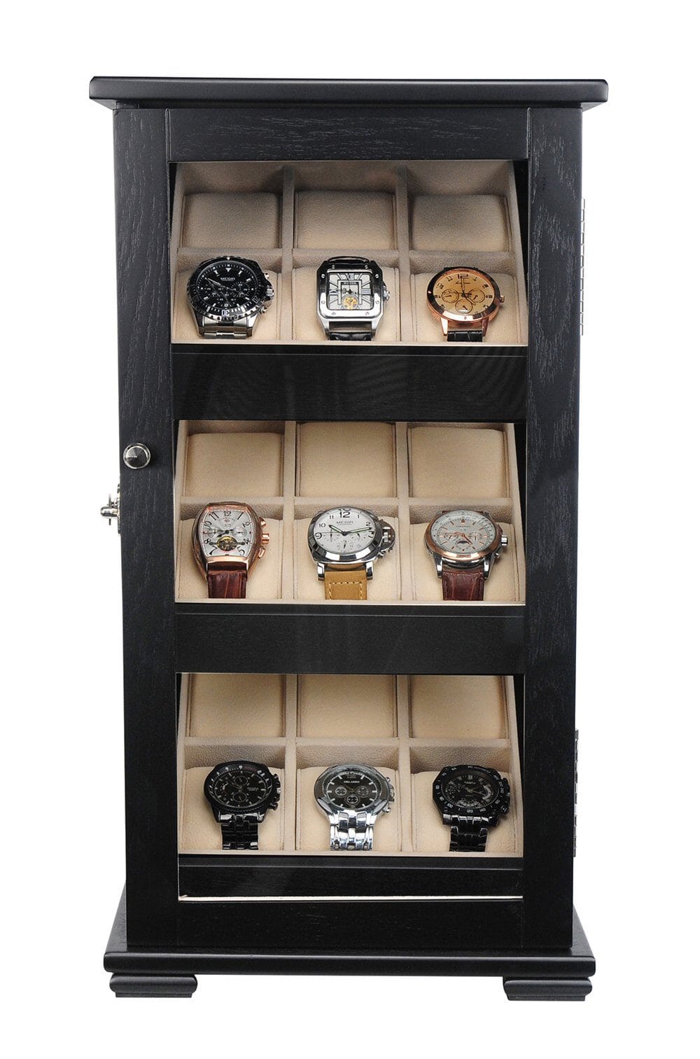 Black Wooden Watch Cabinet for 18 watches Watch Boxes Clinks 