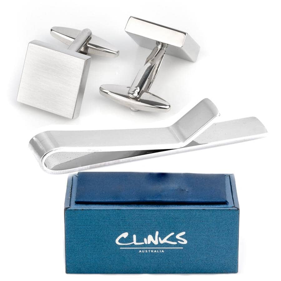 Brushed Silver Cufflinks & Tie Bar Set Gift Set Clinks Australia 