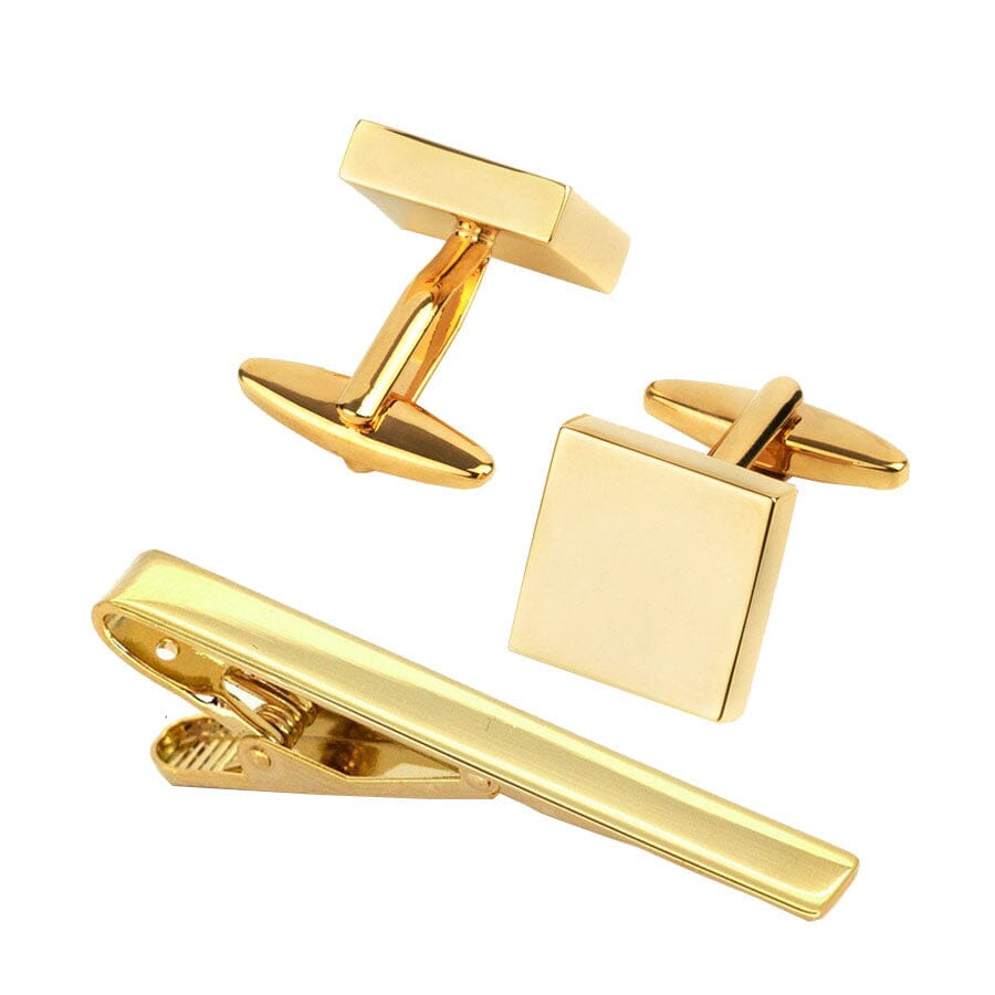 Shiny Gold Square Cufflinks & Tie Clip Set Gift Set Clinks Australia Default 