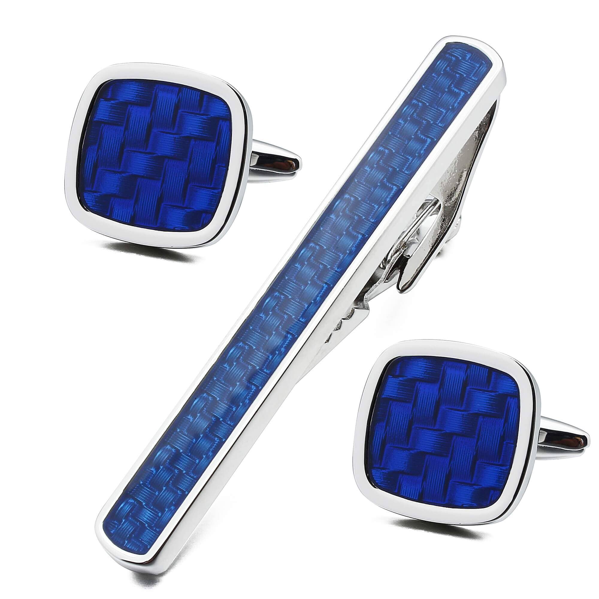 Blue Woven Pattern Cufflink and Tie Clip Set Gift Set Clinks Australia 