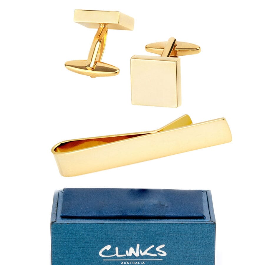 Shiny Square Gold Cufflinks & Tie Bar Set Gift Set Clinks Australia 