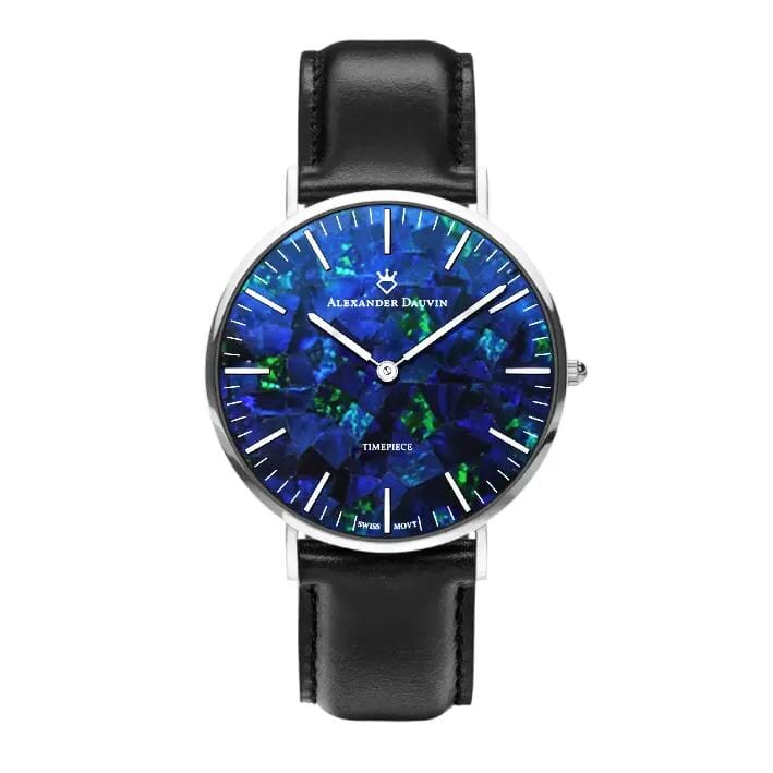 Classic Pedy Blue Swiss Opal Watch 40MM with Black Leather Strap Watches Clinks 