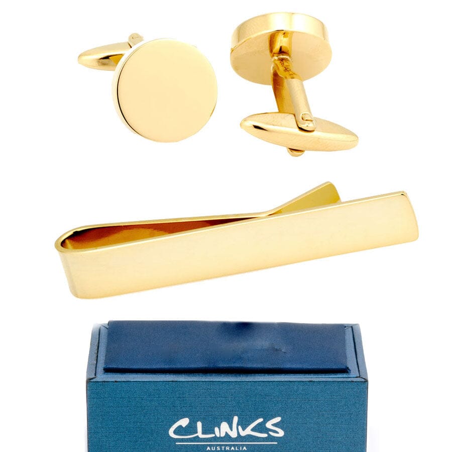 Shiny Round Gold Cufflinks & Tie Bar Set Gift Set Clinks Australia 