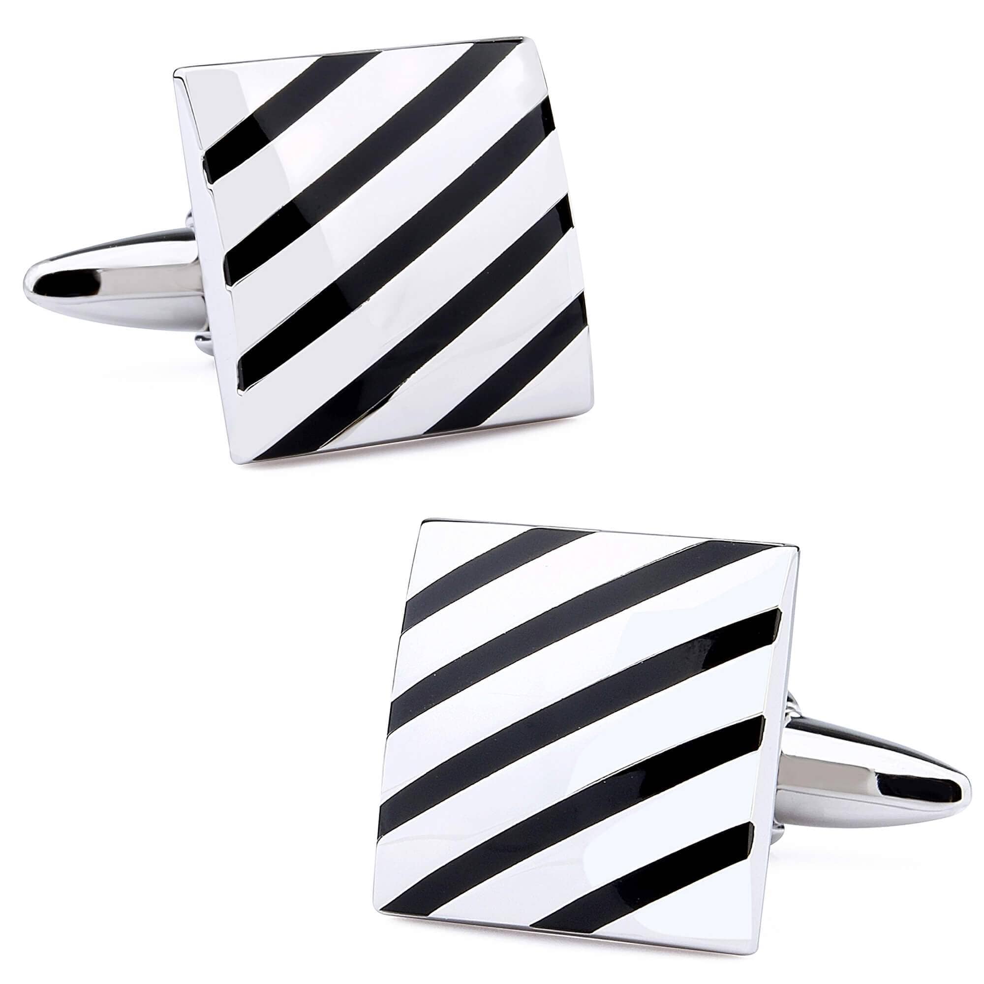 Black Diagonal Stripes on silver Cufflinks Classic & Modern Cufflinks Clinks Australia 