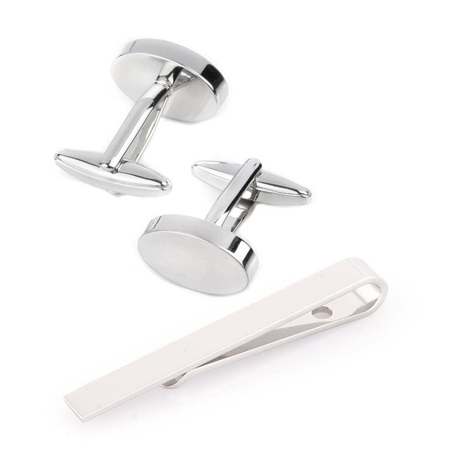 Silver Oval Engravable Cufflinks & Tie Bar Set Gift Set Clinks Australia Default 