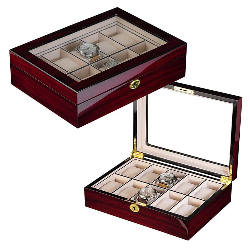 Dark Cherry Wooden Watch Box for 10 Watches Watch Boxes Clinks 