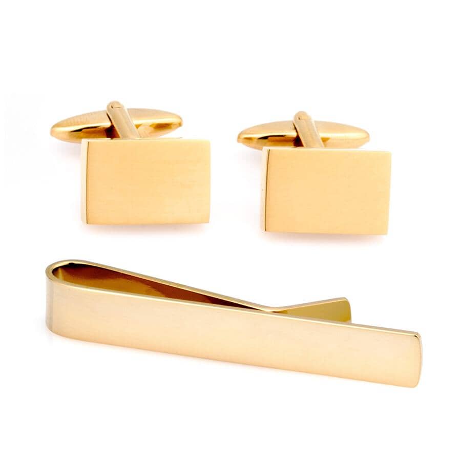 Shiny Gold Rectangle Engravable Cufflinks & Tie Bar Set Gift Set Clinks Australia Default 