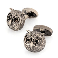 Silver Textured Owl Head Cufflinks with Black Crystal Eyes Novelty Cufflinks Clinks Australia