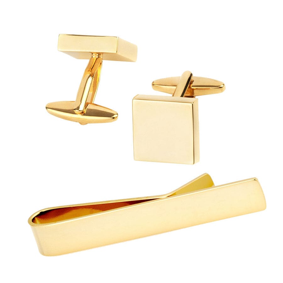 Shiny Square Gold Cufflinks & Tie Bar Set Gift Set Clinks Australia Default 