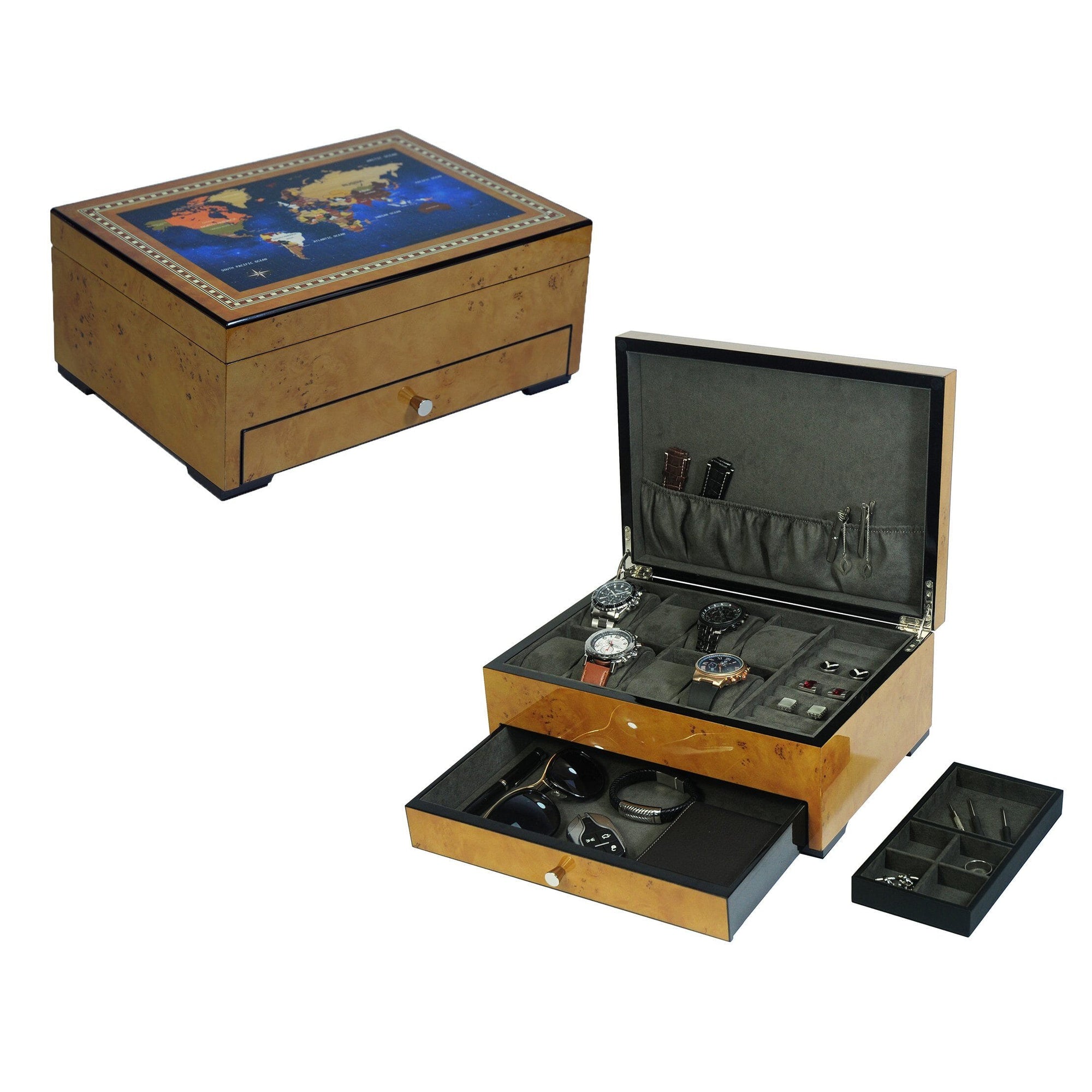 World Map 2-drawer Burl Wooden Watch Box for 8 Watches + Jewellery Watch Boxes Clinks 