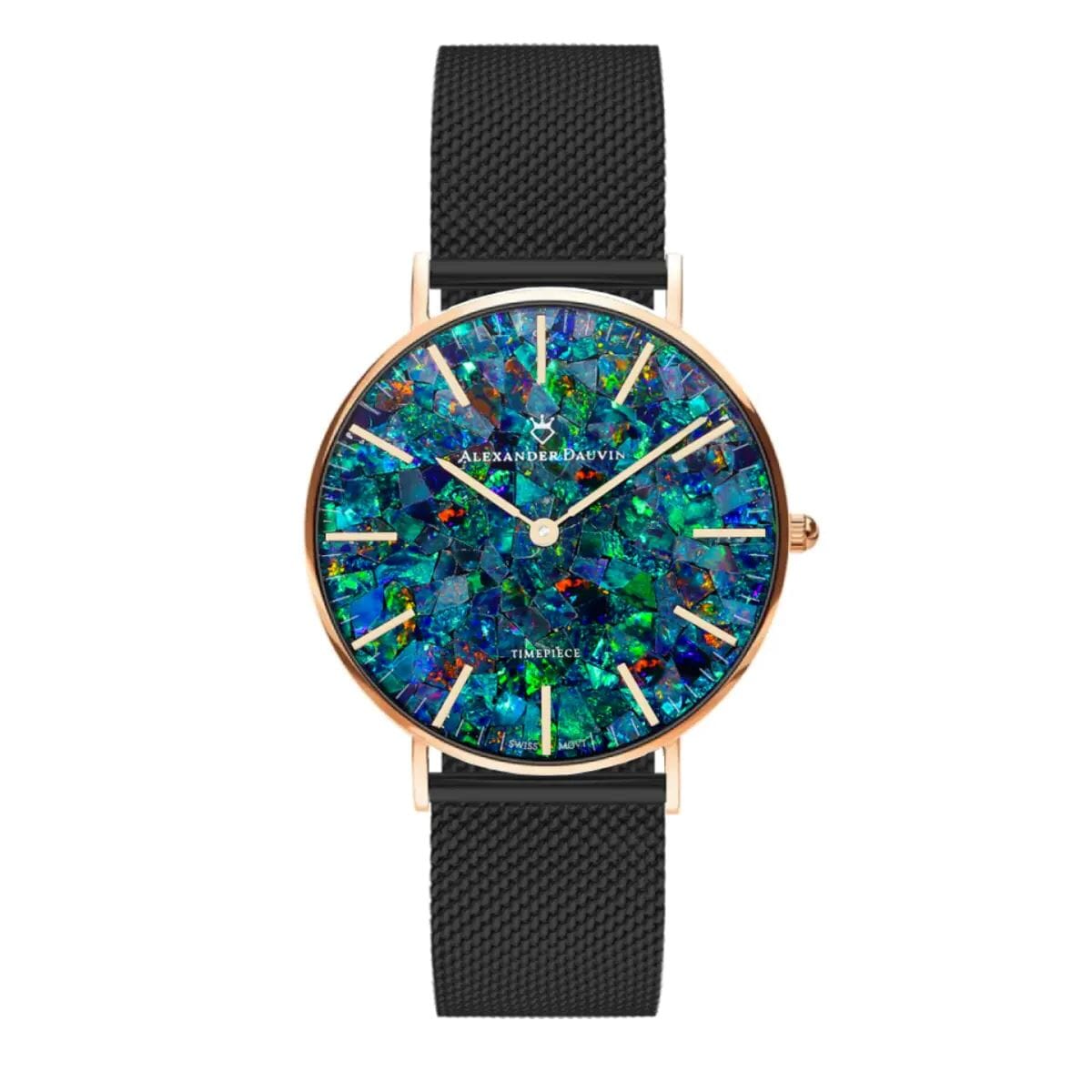 Classic Cliff Red Swiss Opal Watch 36MM with Rose Gold Case and Black Mesh Strap Watches Clinks 