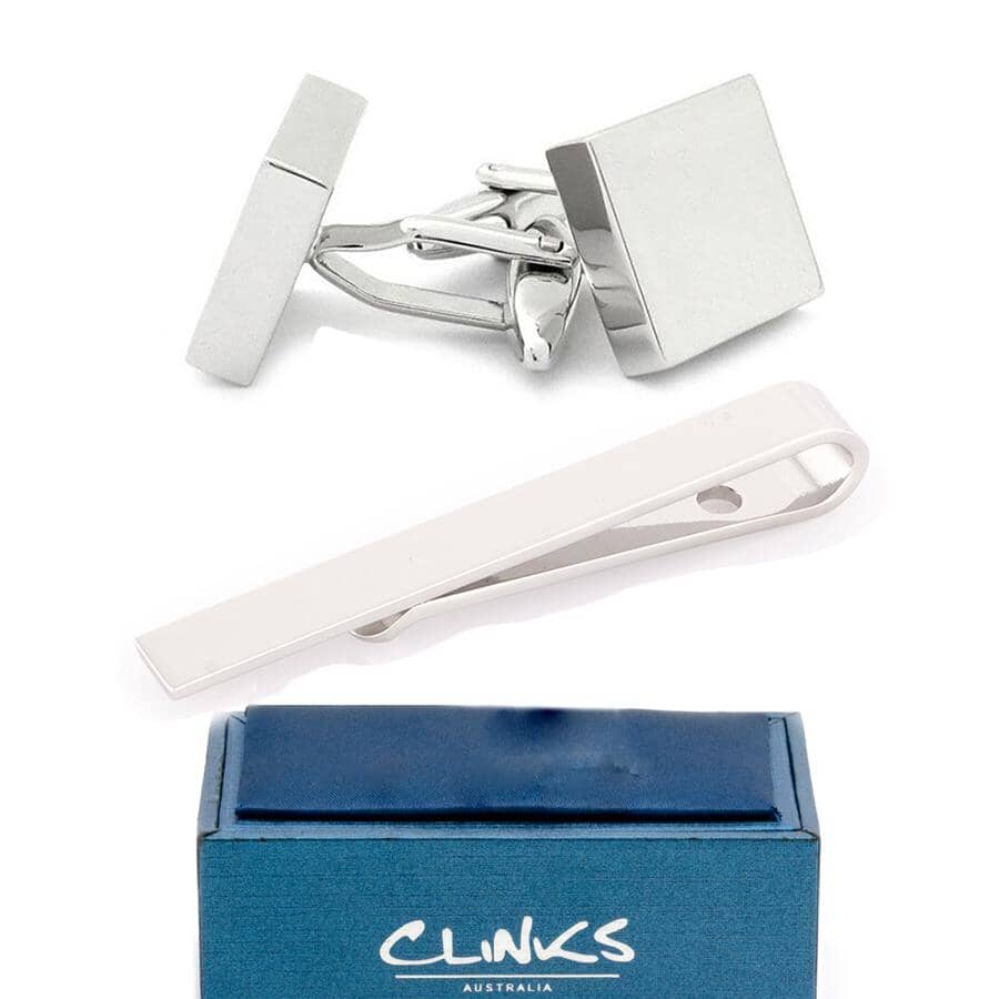 Shiny Silver Square Engravable Cufflinks & Tie Bar Set Gift Set Clinks Autralia 