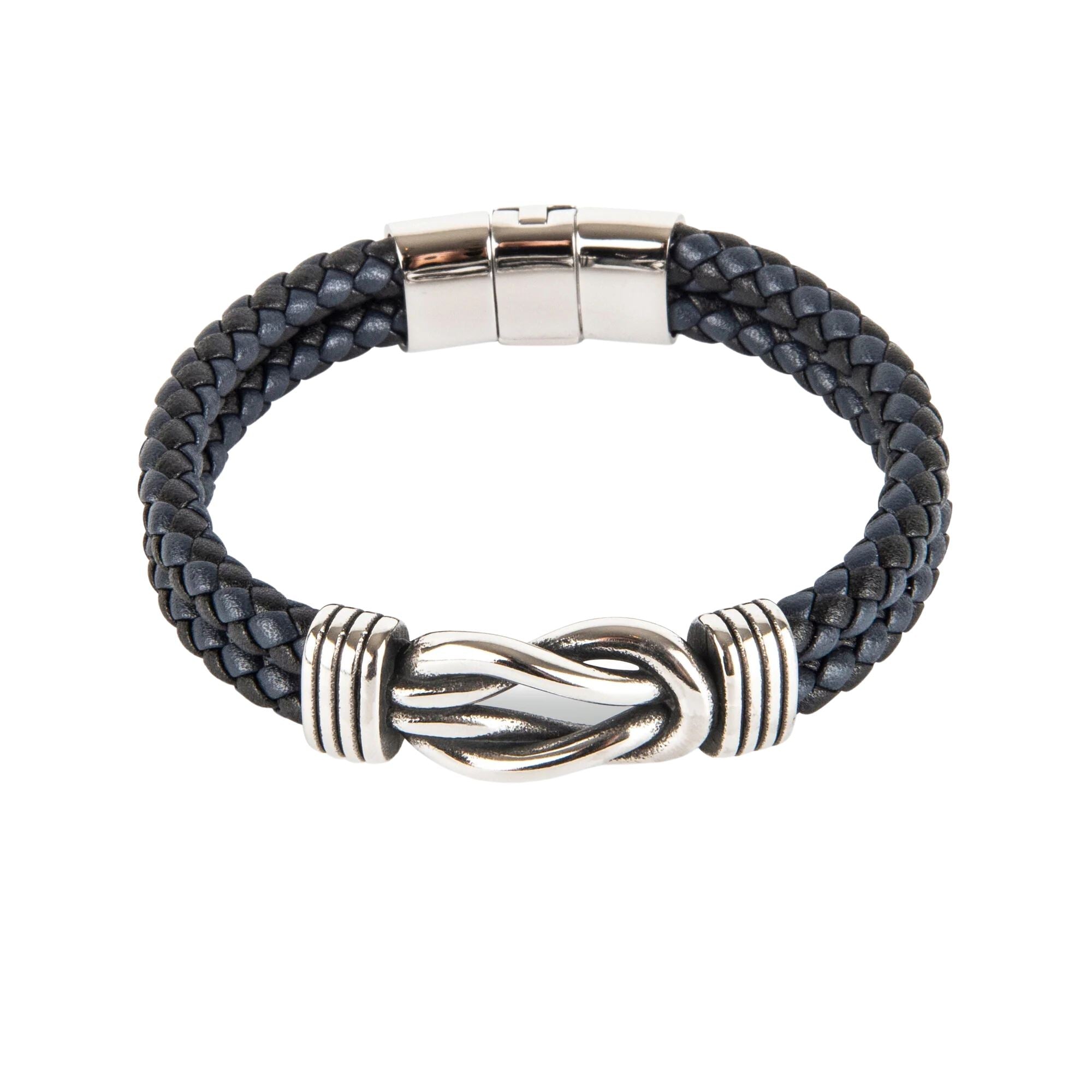 Navy/Black Double Leather Bracelet SS Square Knot Bracelet Clinks Australia 