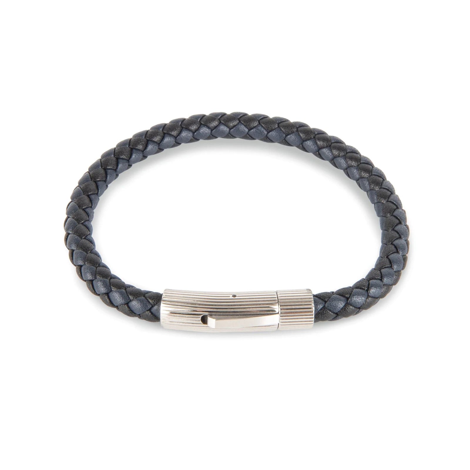 Navy/Black Leather Bracelet with SS Textured Barrel Clasp Bracelet Clinks Australia 