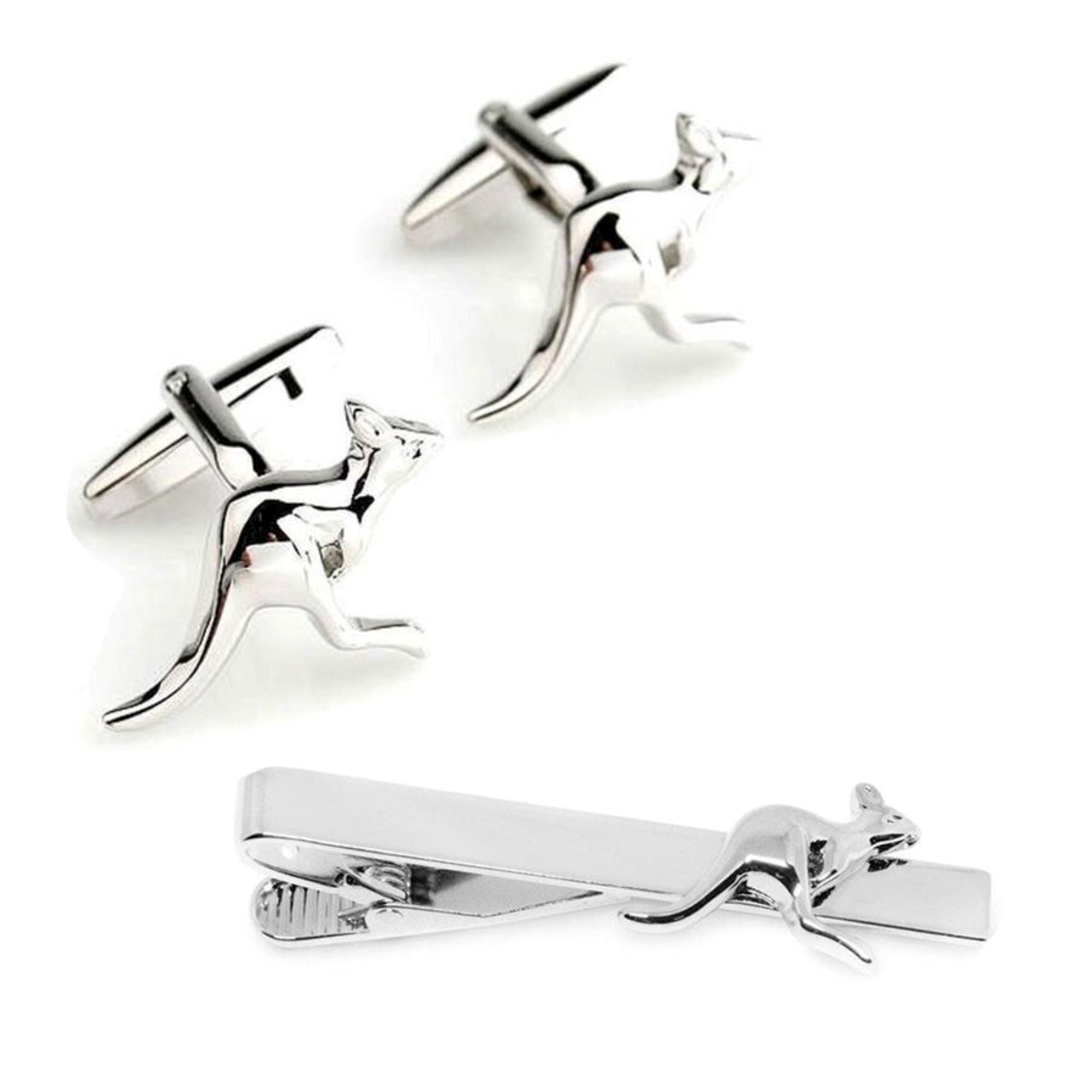 Kangaroo Silver Cufflinks & Tie Clip Set Gift Set Cuffed.com.au Default 