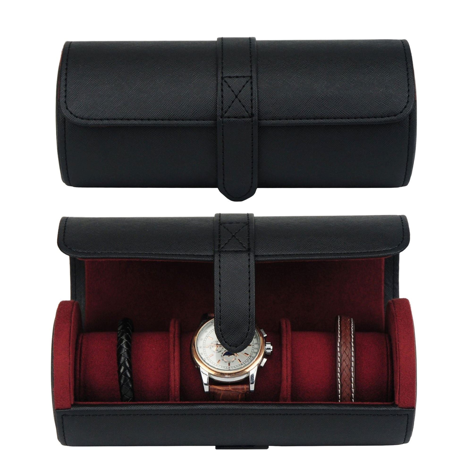 Watch Roll Case for 3 in Black Vegan Leather Watch Boxes Clinks 