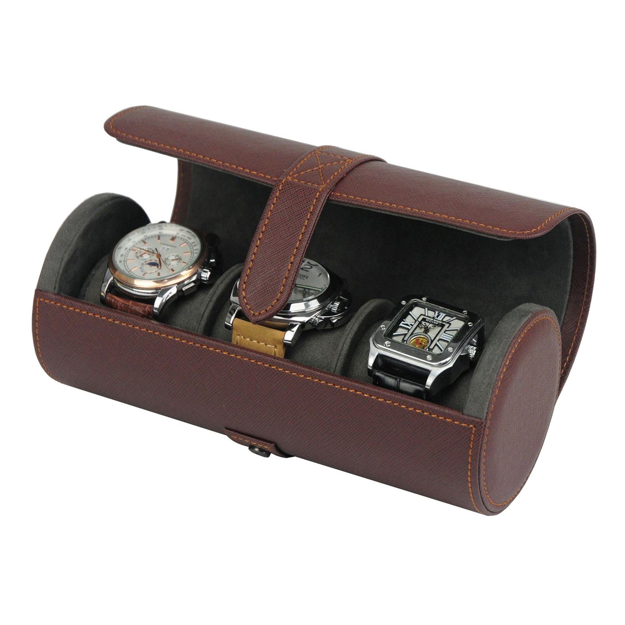 Watch Roll Case for 3 in Dark Brown Vegan Leather Watch Boxes Clinks 