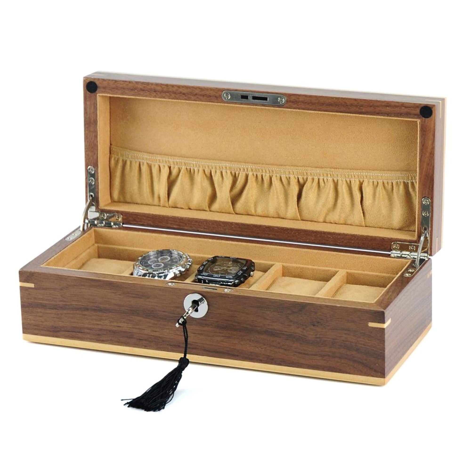 Walnut Wooden Watch Box for 5 Watches Watch Boxes Clinks 