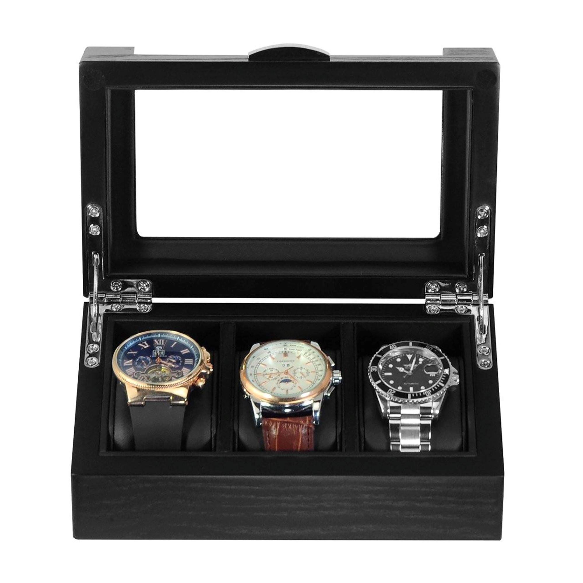 3 Slots Black Wooden Watch Box Watch Boxes Clinks 