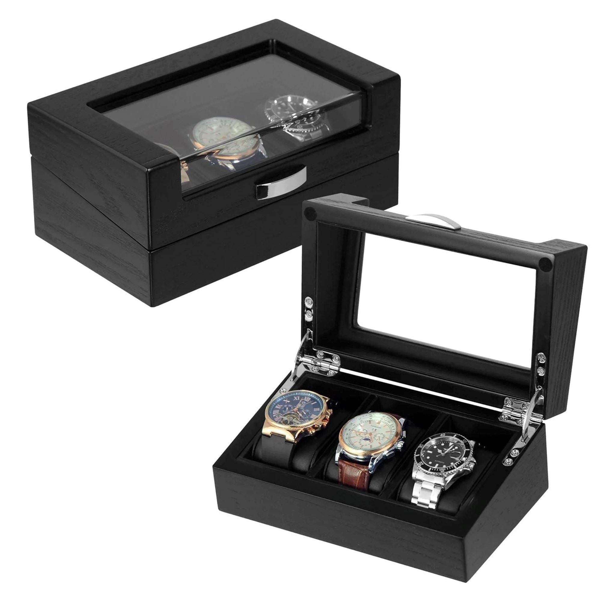 3 Slots Black Wooden Watch Box Watch Boxes Clinks 