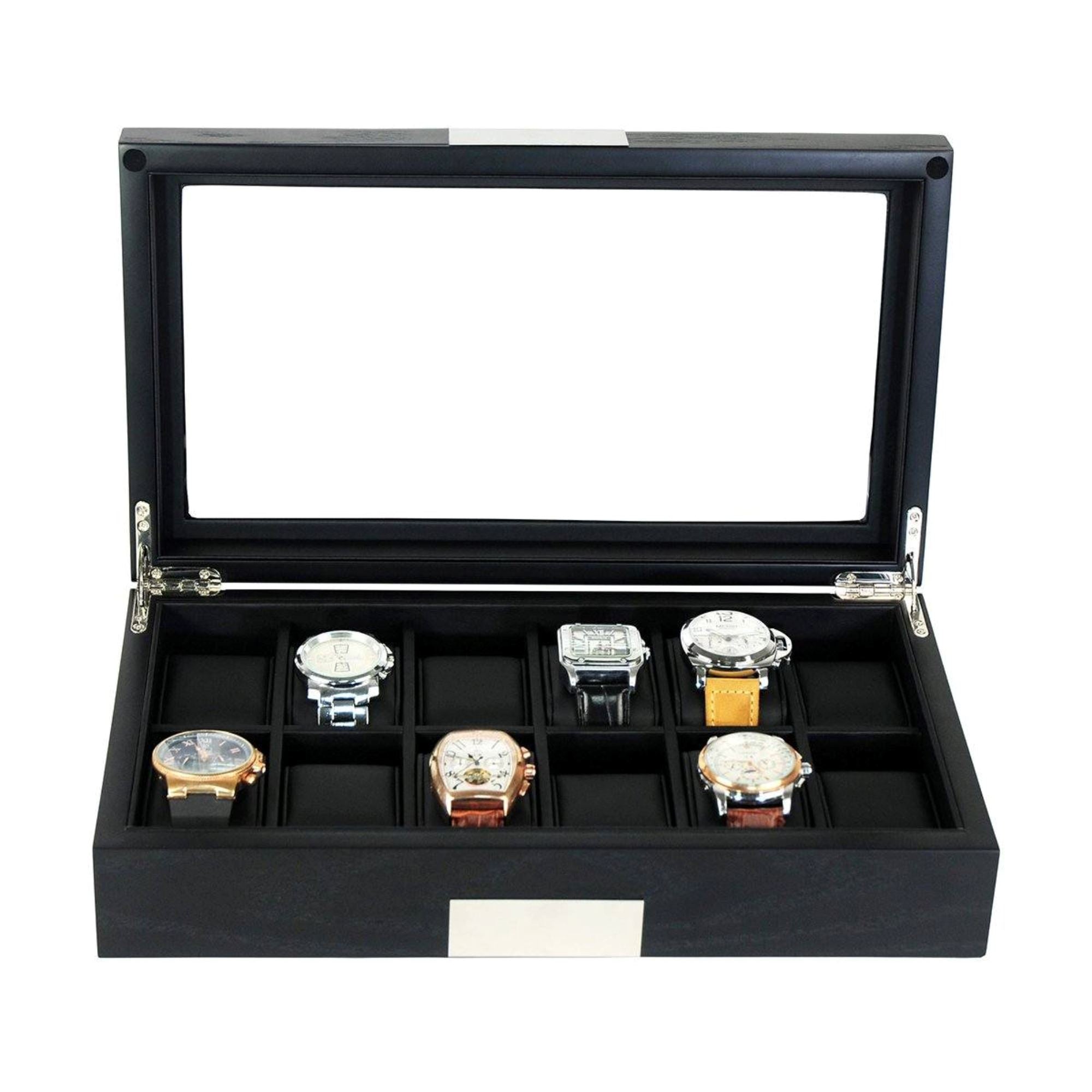 12 Slots Black Wooden Watch Box Watch Boxes Clinks 