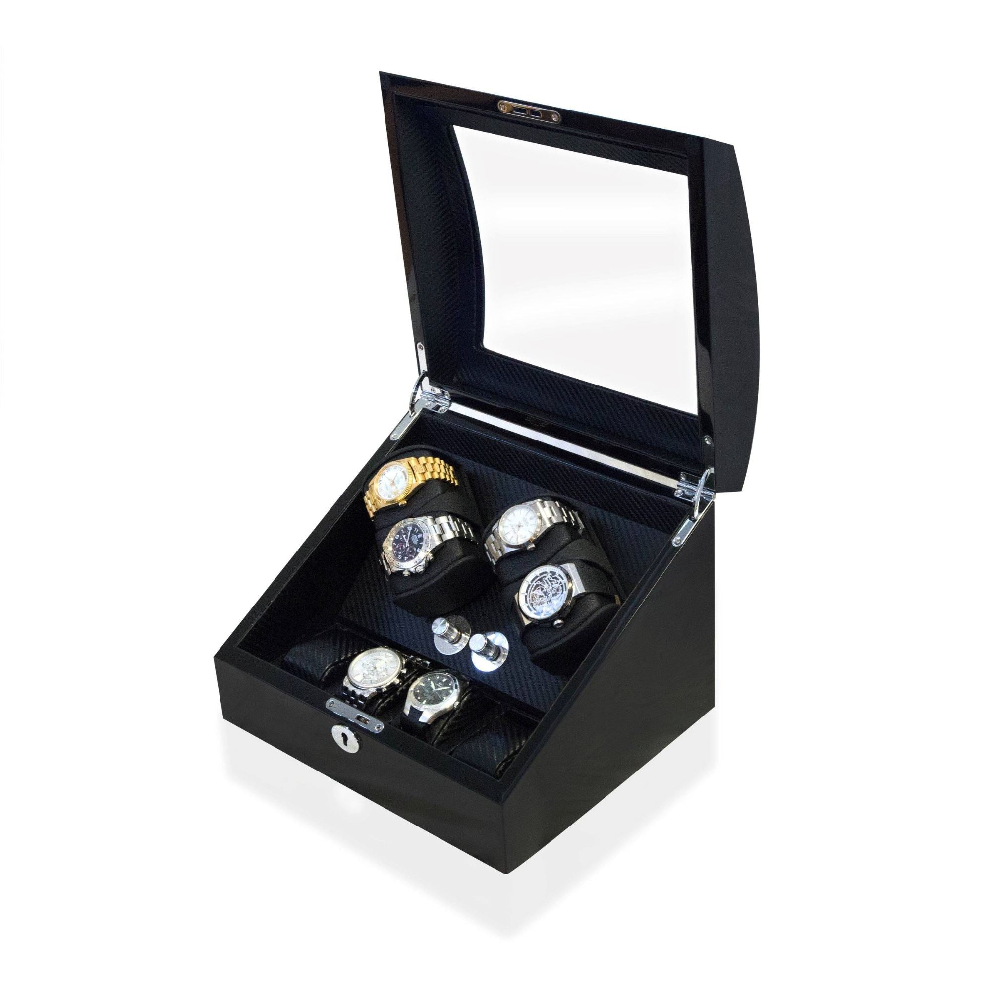 Avoca Watch Winder Box 4 + 4 Watches in Black - Carbon Fibre Interior Watch Winder Boxes Clinks 