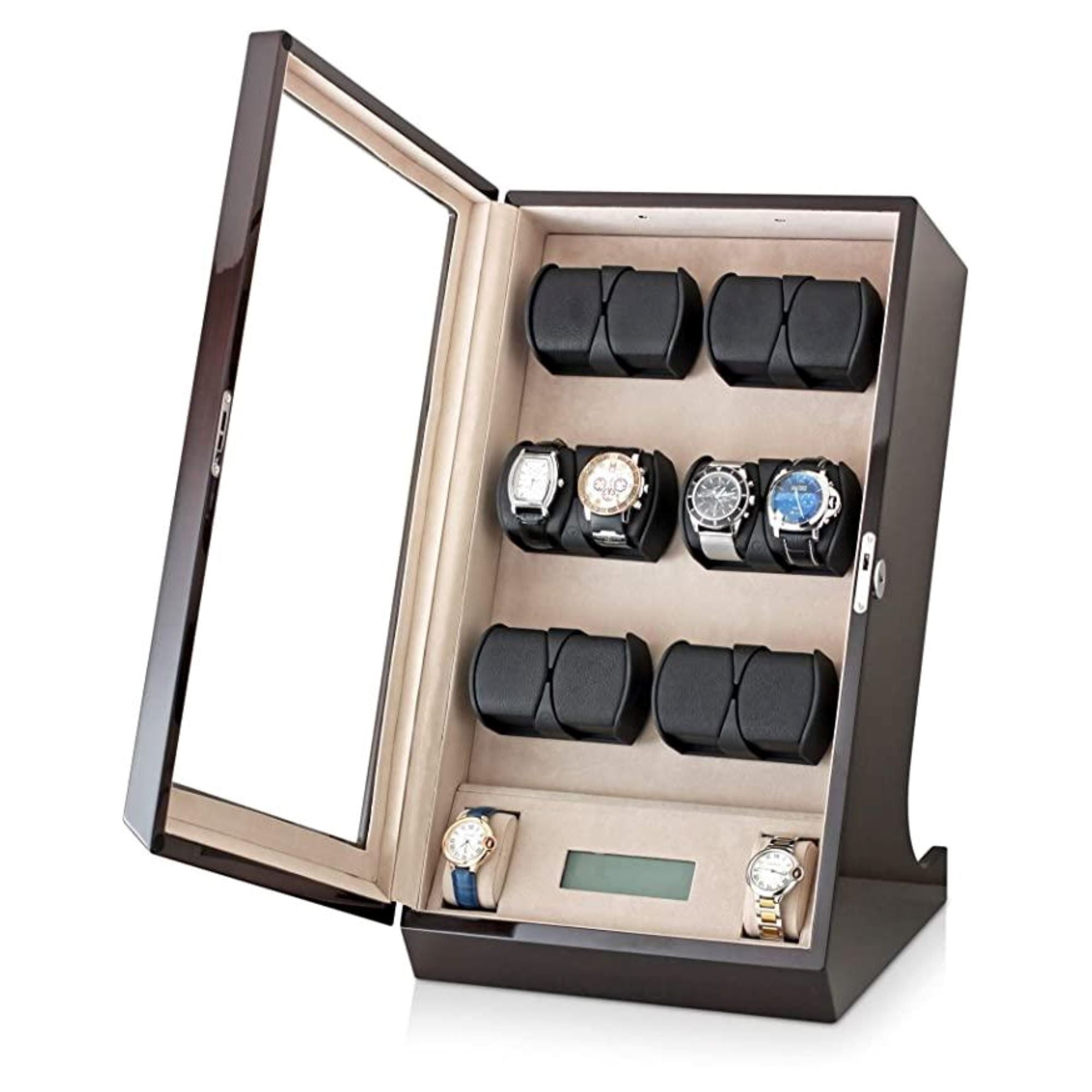 Kosciuszko Watch Winder Box for 12 + 2 Watches in Ebony + Gray Watch Winder Boxes Clinks 