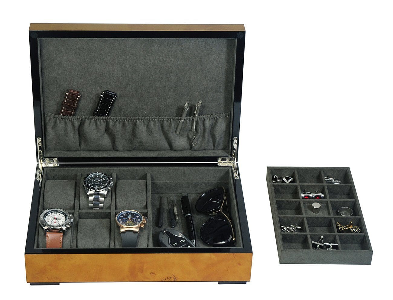 World Map Burl Wooden Watch Box for 6 Watches + Jewellery Watch Boxes Clinks 