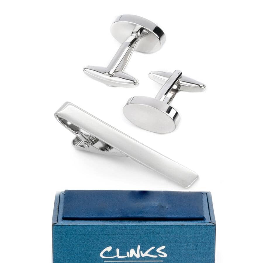 Silver Oval Engravable Cufflinks & Tie Clip Set Gift Set Clinks Australia 