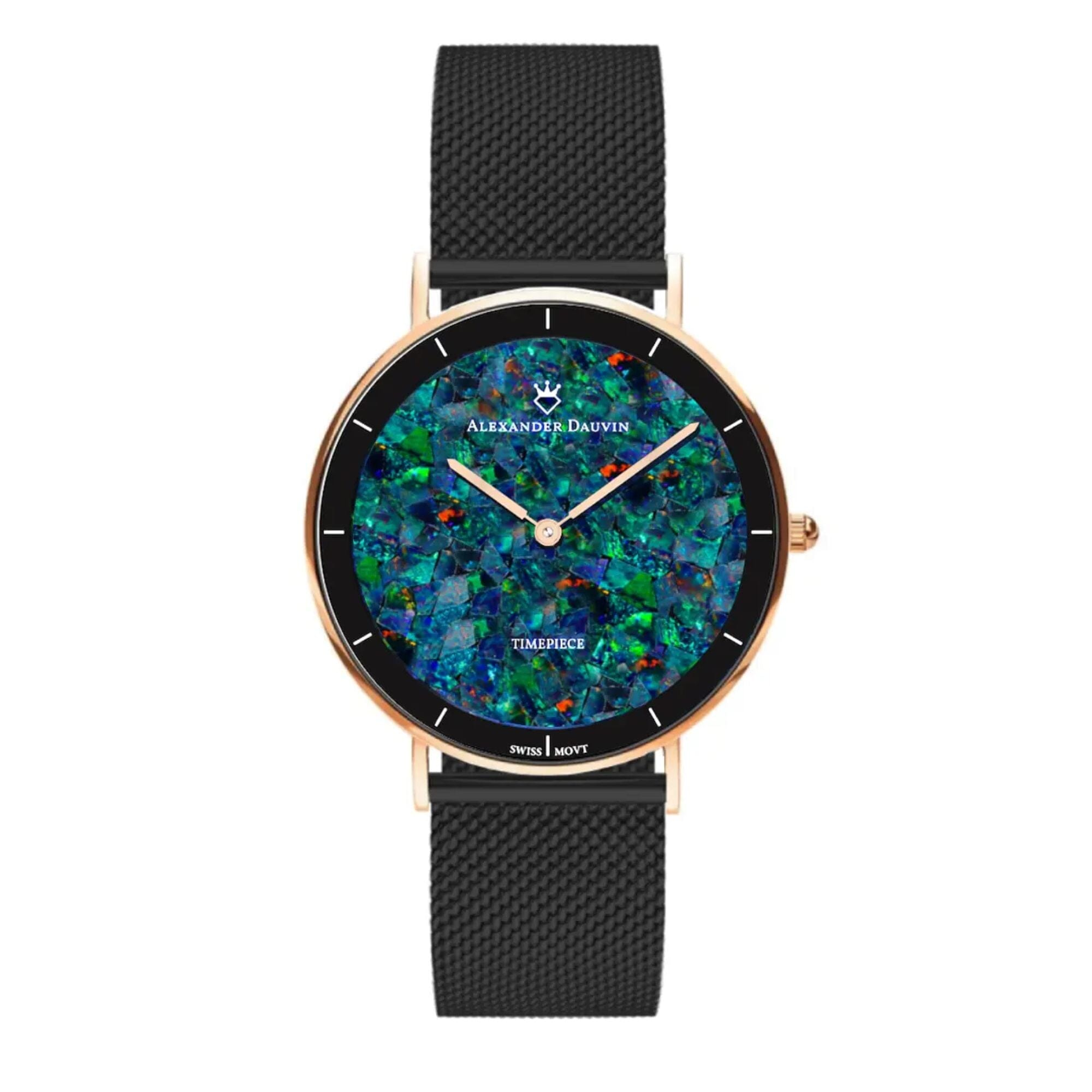 Gatsby Cliff Red Swiss Opal Watch 36MM with Rose Gold Case and Black Mesh Strap Watches Clinks 
