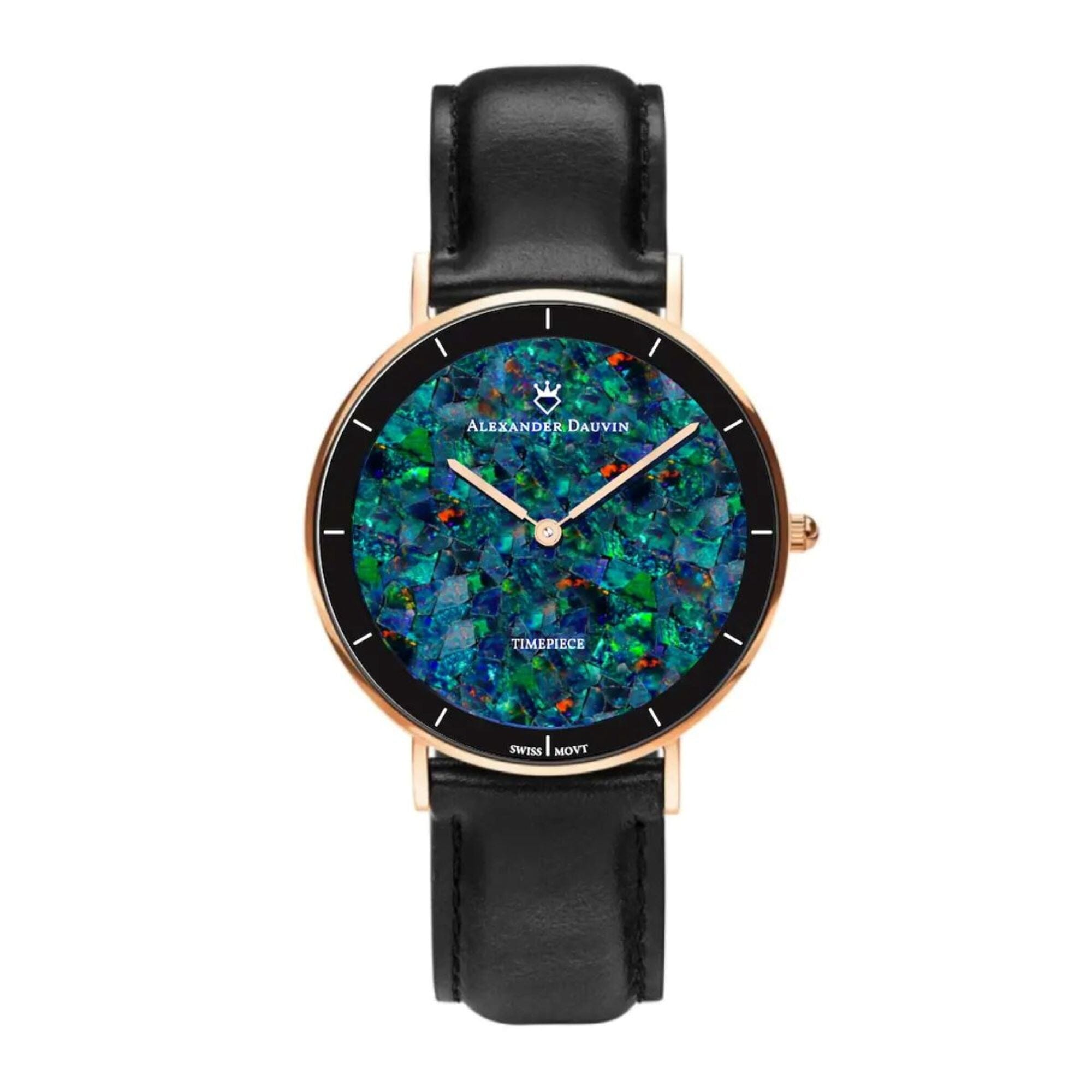 Gatsby Pedy Red Swiss Opal Watch 36MM with Rose Gold Case and Black Leather Strap Watches Clinks 